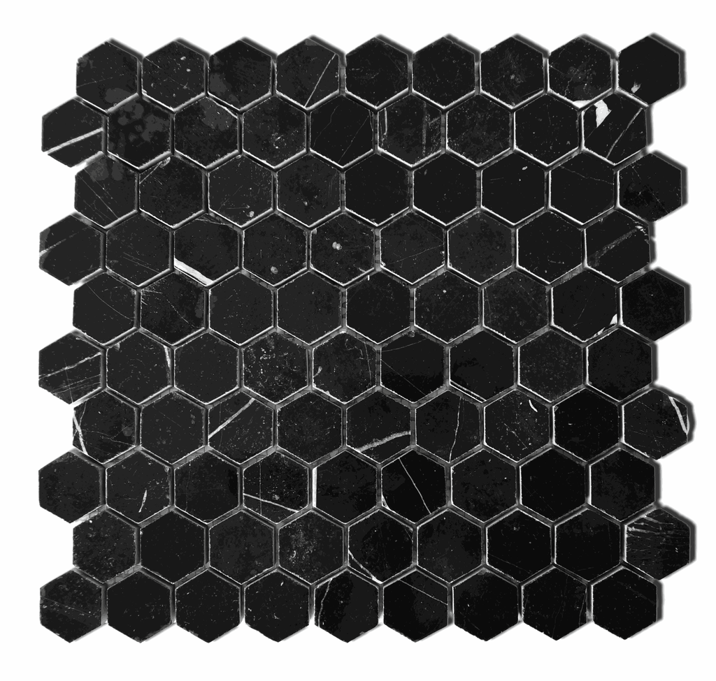 Honed marble 1-1/4" hexagon mosaic field in 'Jet Black'