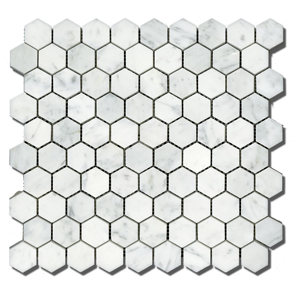 Honed marble 1-1/4&quot; hexagon mosaic in 'Carrara White'