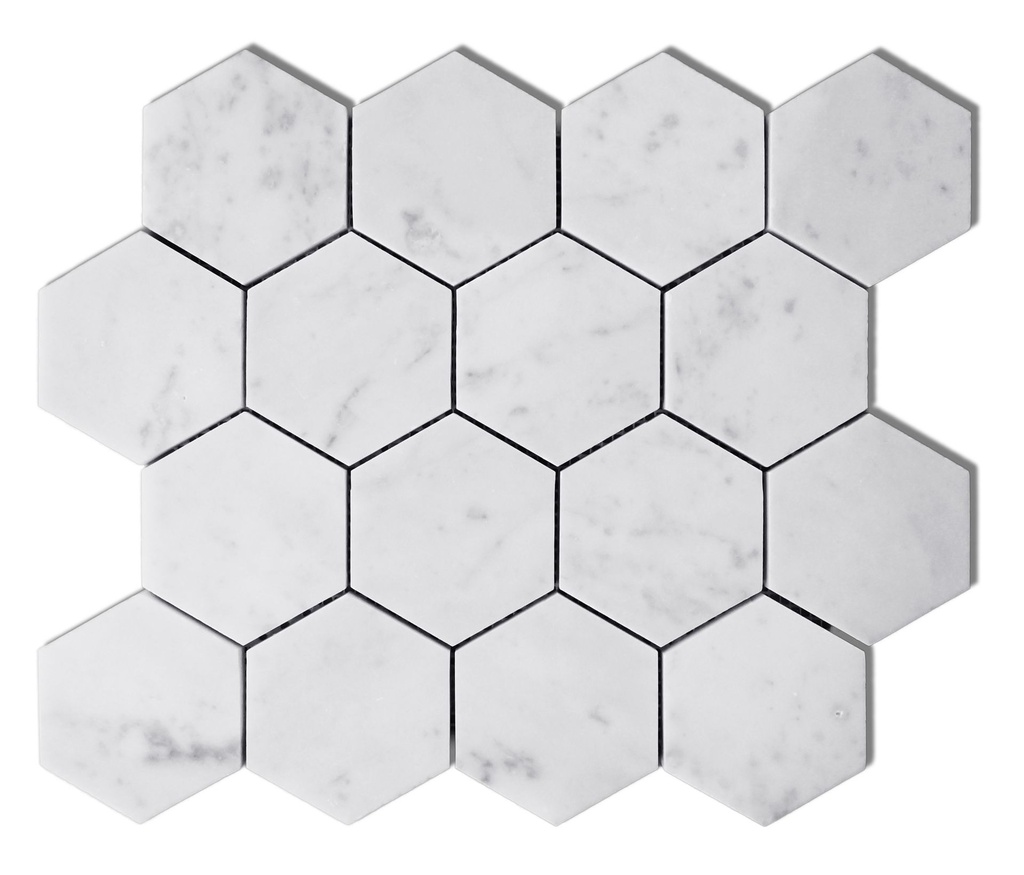 Honed marble 3" hexagon mosaic in 'Carrara White'