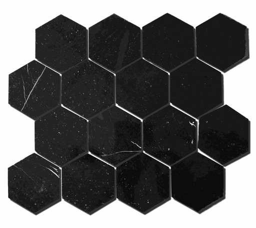 Honed marble 3" hexagon mosaic in 'Jet Black'