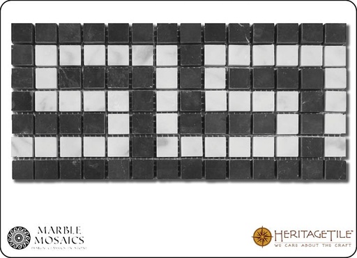 Honed marble Greek key border Sample Card in 'Carrara White' and 'Jet Black'