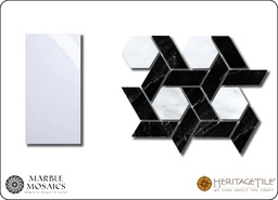 [XKMML0HA] Honed marble lattice Sample Card in 'Jet Black' with 'Carrara White' hexagon