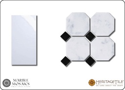 [XKMMO0HC] Honed marble octagon field mosaic in 'Carrara White' with 'Jet Black' dots